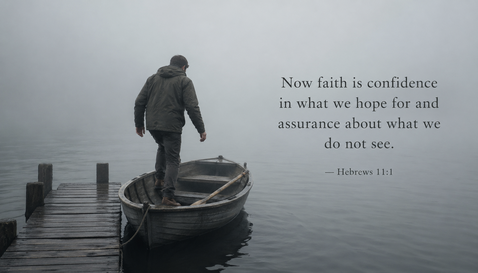 Person stepping off a dock into a rowboat in thick fog with Hebrews 11:1 verse about faith being confidence in what we hope for